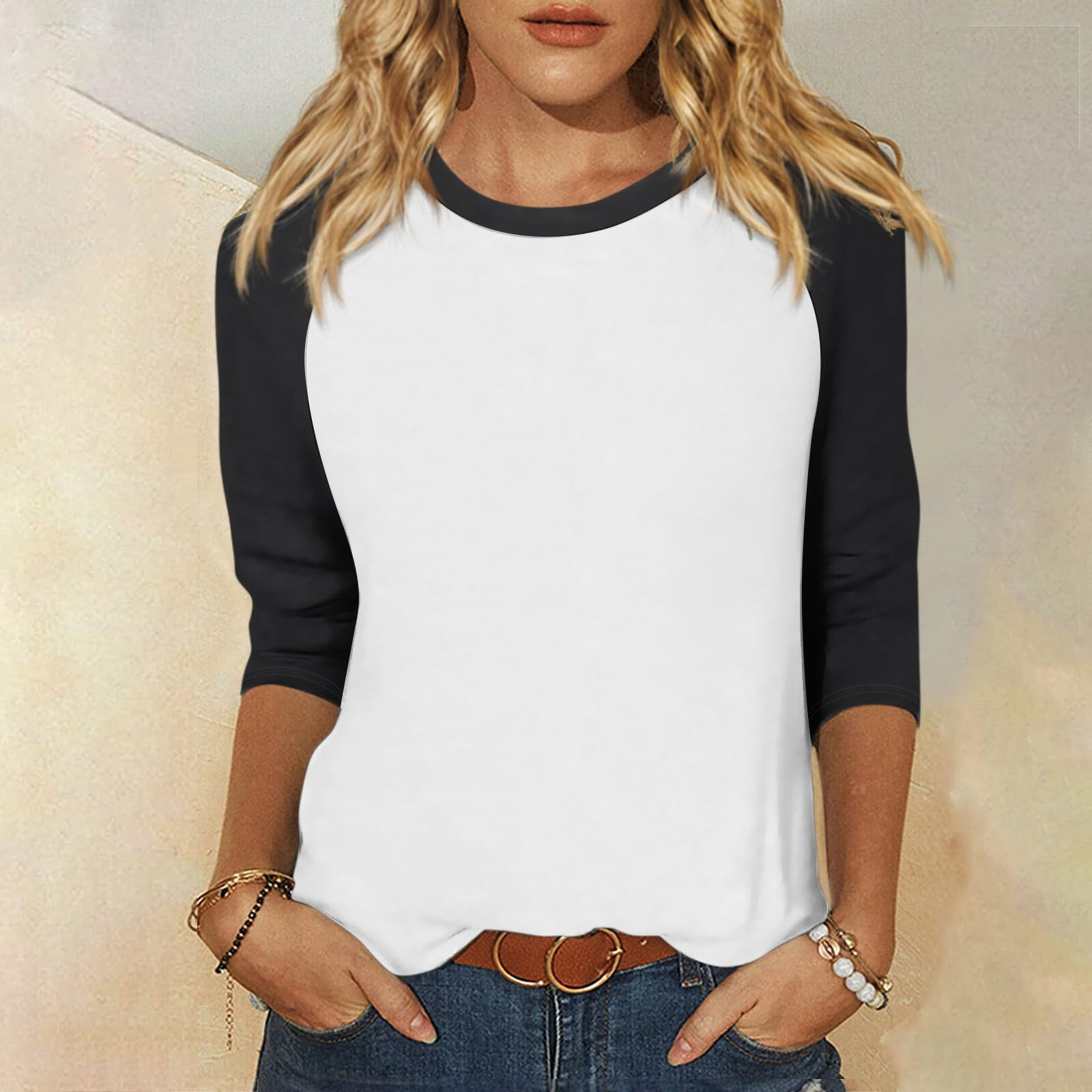 thumbnail image 2 of Camiseta informal de manga 3/4 y cuello redondo para mujer, versátil, de poliéster, tallas S-XXL, 2 of 5